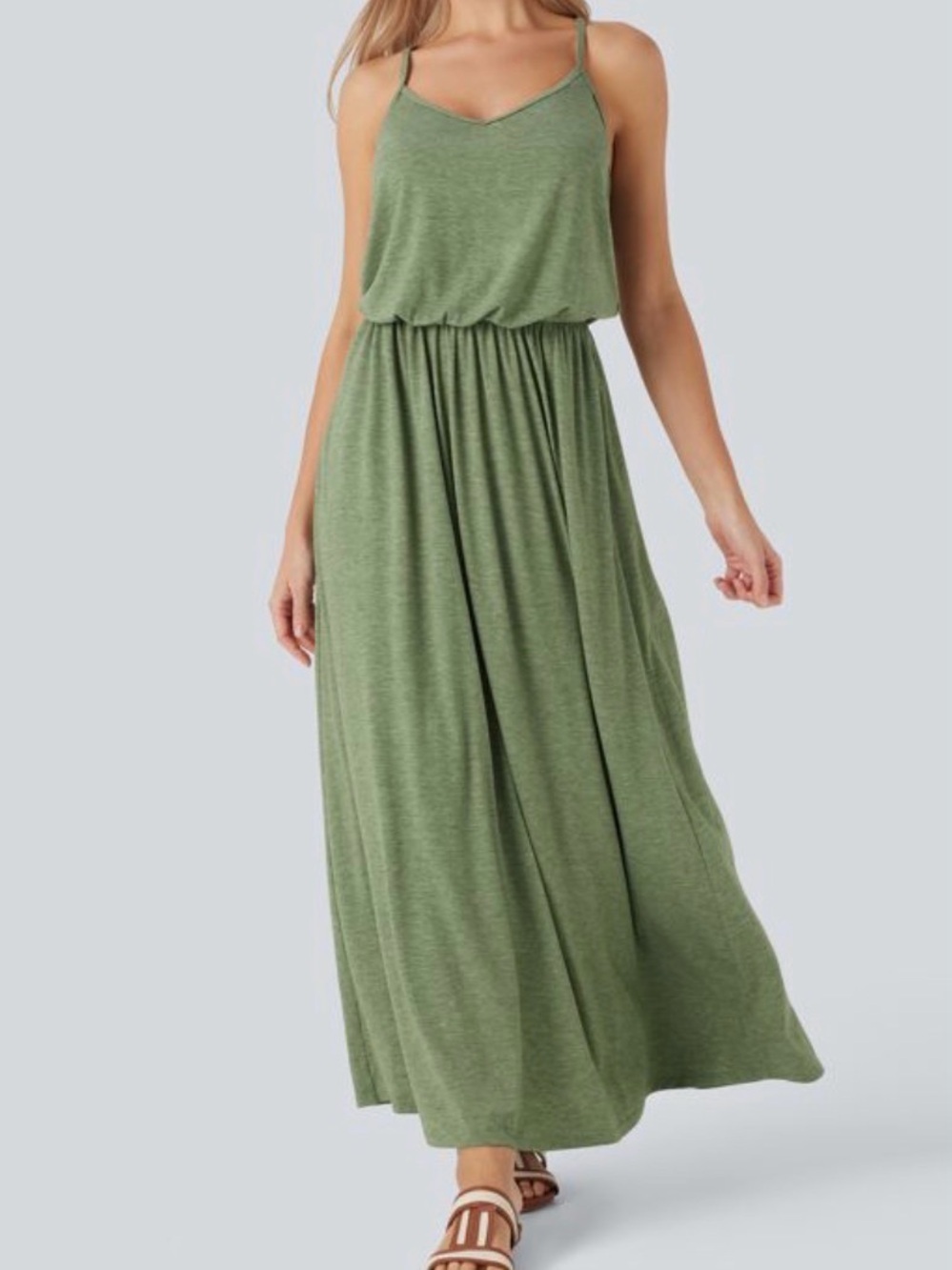 Halara Maxi Flowy Slip Dress with Pockets Size Small Green